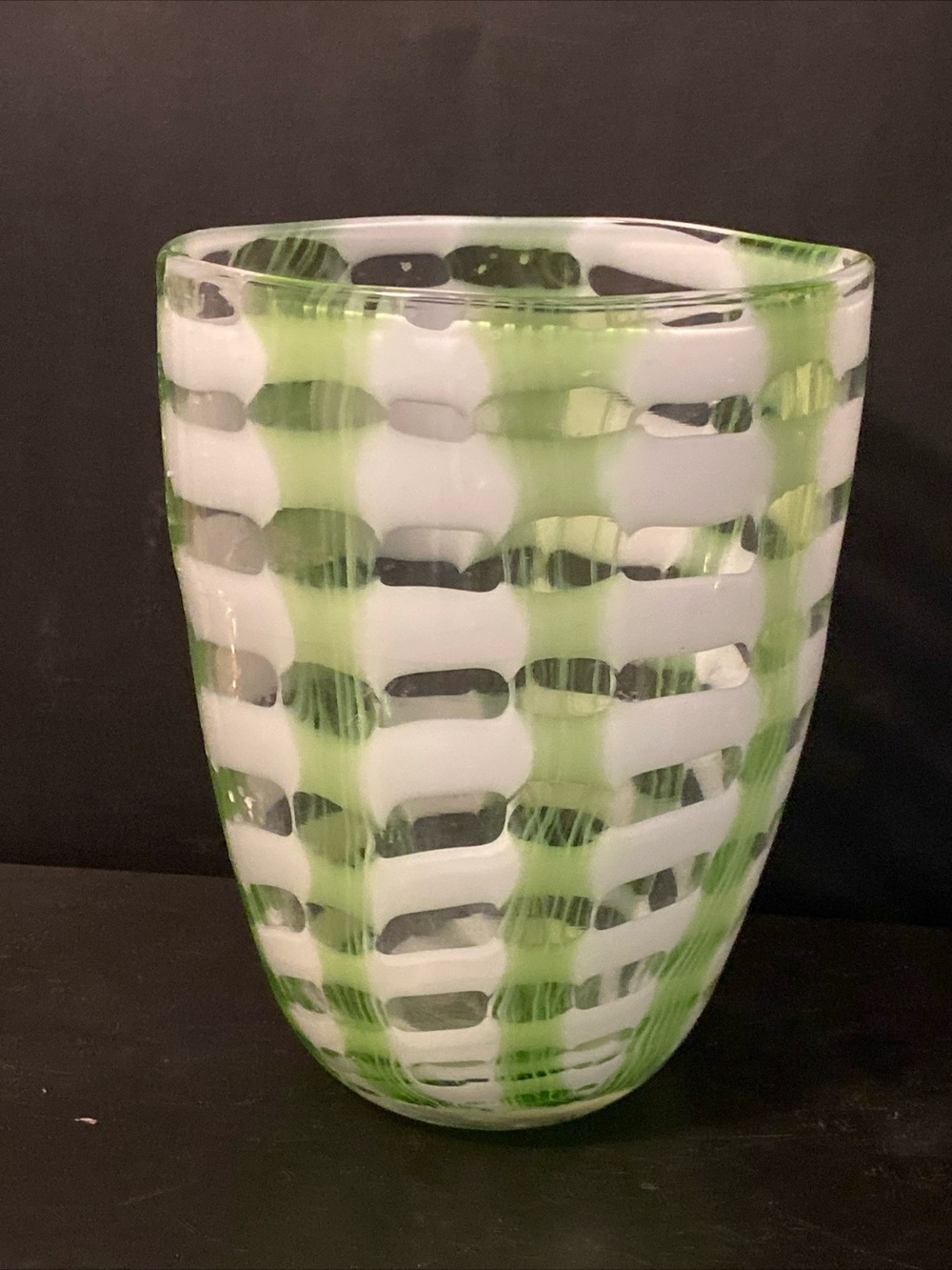 Handblown Green & White Striped Patterned Huge Glass Vase H-9”